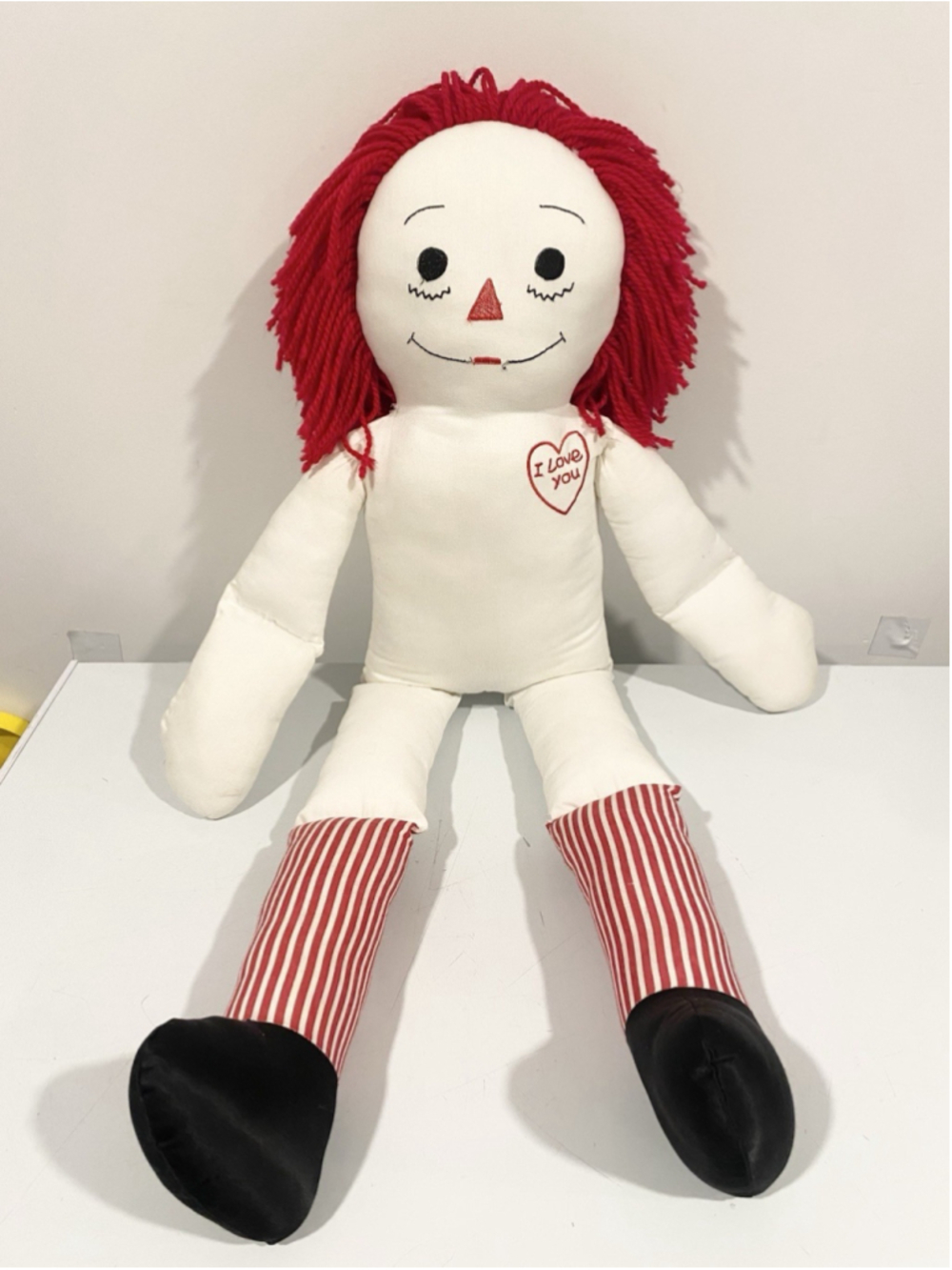 Large Raggedy Ann Doll 34” Cloth Rag Doll Red Yarn Hair Embroidered Heart